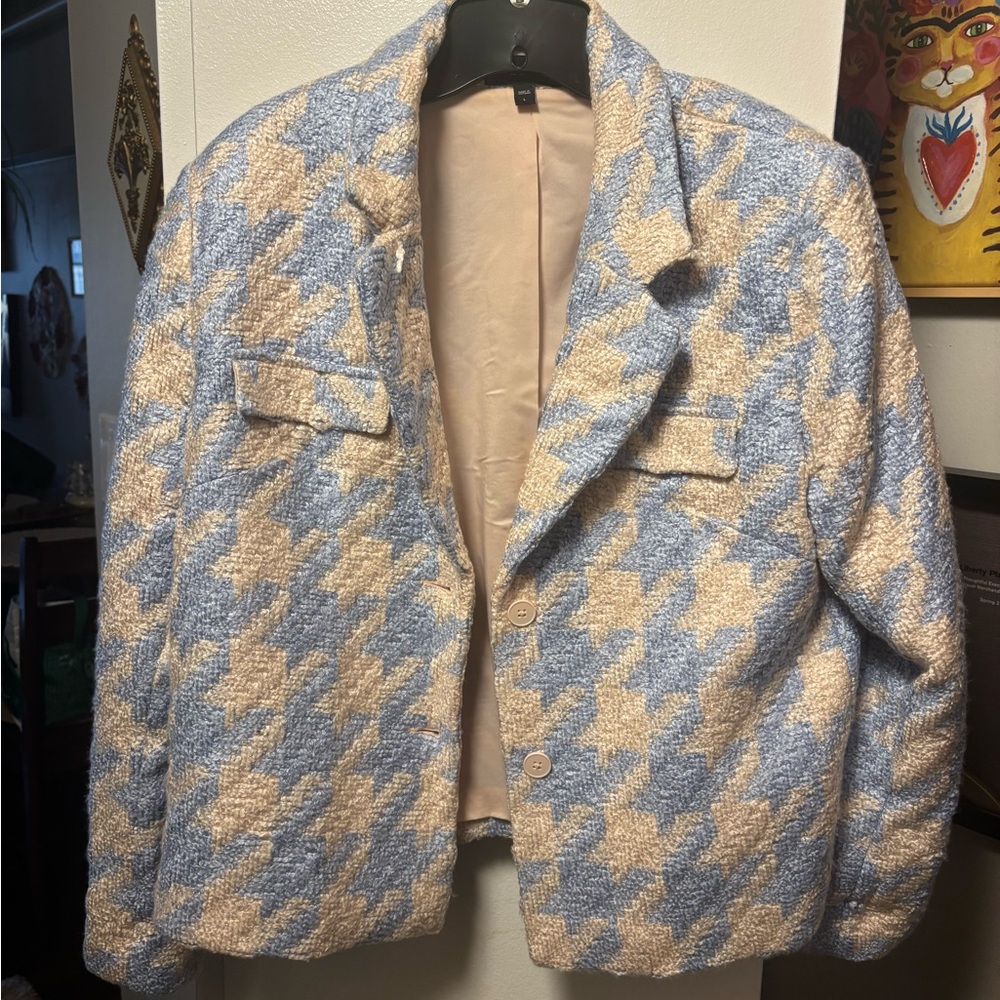 Express Blue and Cream Houndstooth Blazer